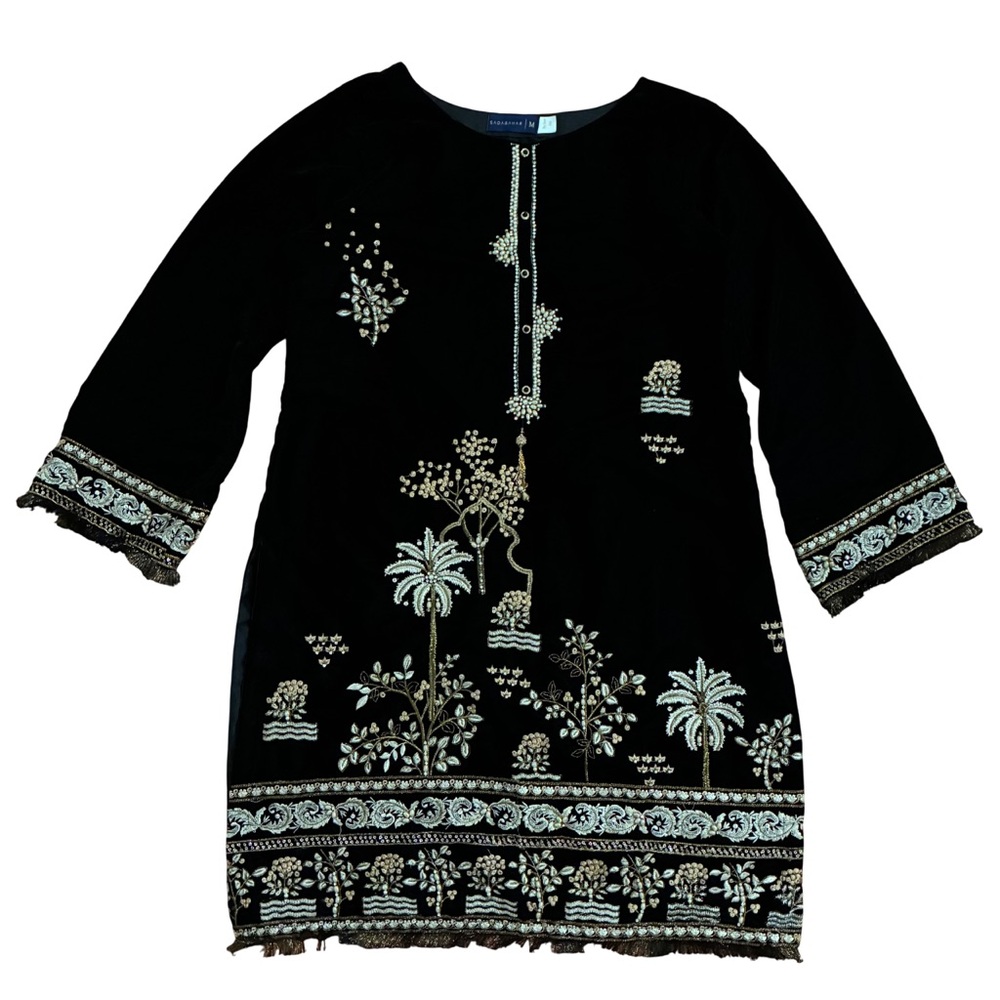 Sadabahar Pakistani Kurti Tunic Intricate Embroidery Jewel Embellishments Black